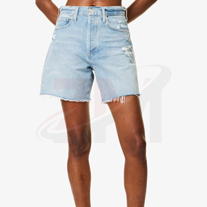 Shorts de Mezclilla Azul Claro para Mujer, Cintura Media, Corte Regular, Dobladillo Deshilachado, Estilo Casual de Verano con Detalles de Agujeros - Product Image 3