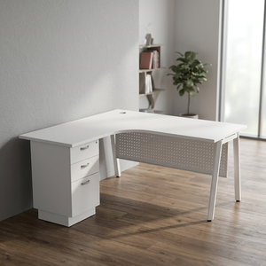 โต๊ะทำงานสำนักงานรูปตัว L รุ่น Astra V ของ AY Office System ทนทาน พร้อมขาโลหะเคลือบเมลามีน  แบบ 2D1F พร้อมตู้เก็บของใต้โต๊ะ ดีไซน์ทันสมัย เหมาะสำหรับการประชุม - Product Image 1