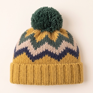 Bonnet tricoté 2026 avec pompon, motif géométrique, jaune, vert, bleu, unisexe, adulte, pour l'hiver, usage décontracté en extérieur - Product Image 1