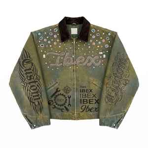 Veste en jean surdimensionnée pour homme, brodée de strass, avec fermeture éclair, col imprimé, style streetwear, veste de motard, OEM ODM - Product Image 1