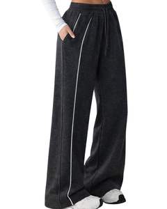 Pantalon de jogging ample en molleton noir anthracite pour femme, avec passepoil latéral, taille élastique et cordon de serrage, coupe décontractée, idéal pour la détente - Product Image 1