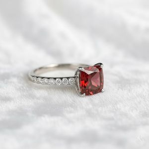 Cushion Cut Red Garnet <b>Ring</b> 925 Sterling <b>Silver</b> 14K Gold Plated <b>Solitaire</b> Dainty Pave Engagement Promise <b>Ring</b> - Product Image 4