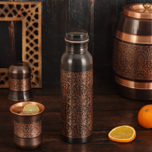 Custom Logo Handcrafted Antique Filigree Printed Pure Copper <b>Water</b> <b>Bottle</b> <b>Glass</b> Set Leak Proof Metal Hydration Flask - Product Image 1