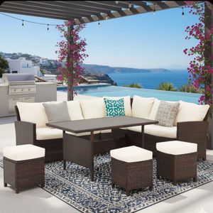 Conjunto de Comedor de Mimbre de 7 Piezas para Patio, 9 Plazas, con Cojines Color Marfil, Sofá, Otomanas y Mesa de Comedor para Terraza, Jardín o Patio Trasero - Product Image 4