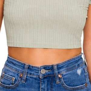 Camiseta Corta de Punto Acanalado Color Verde Salvia Claro para Mujer, Manga Corta, Cuello Redondo, Ajuste Delgado, Informal, de Algodón Elástico, Básica, para Verano - Product Image 6