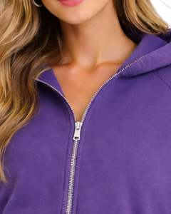 Sweat à capuche zippé court pour femme, violet, en molleton de coton, coupe ajustée, style streetwear décontracté, veste légère pour femme - Product Image 5