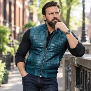 Crocodile Embossed Leather Vest for Men, Genuine Full Hide Leather <b>Waistcoat</b>, Motorcycle <b>Biker</b> Vest Lederweste für Herren - Product Image 5