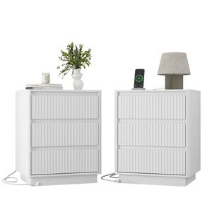 Modern Wood Storage Cabinet Set of 2 Fast USB <b>C</b> Charging End <b>Tables</b> with 3Drawers Large Storage for Living Room Sofa Side <b>Tables</b> - Product Image 1