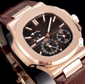 Montre de plongée exclusive pour homme avec boîtier carré en or rose brossé, bracelet en tissu marron foncé, plusieurs cadrans noirs, chronographe phase de lune - Product Image 2