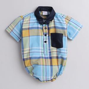 Polka Tots Camisa de media manga Romper Denim Collar Denim Pocket-Azul cielo - Product Image 1
