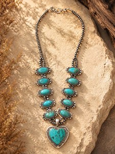 Collier Cœur Fleur de Squash Style Turquoise, Bijou Western Perlé et Fait Main pour Femme, Idéal Cadeau - Product Image 4