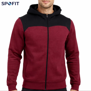 Men's Hooded <b>Zip</b>-Up <b>Sweatshirt</b> Maroon Black Color Block Casual Full Sleeve Autumn Wear With Side Pockets - Product Image 1
