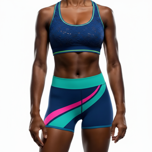 Conjunto de Yoga de 2 Piezas: Shorts de Cintura Alta y Top Corto con Espalda Cruzada y Cuello Redondo, con Encaje Floral y Ribete en Contraste, Elástico en Cuatro Direcciones - Product Image 1