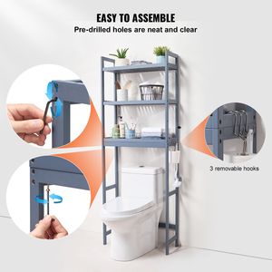 Organizzatore da Bagno a 3 Ripiani Regolabile in Bambù con 3 Ganci, Scaffale Autoportante da Posizionare Sopra il WC - Product Image 5