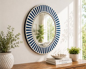 Round Wooden Inlay Wall <b>Mirror</b> Bohemian Style Eco-Friendly Handmade Framed Design for Bathroom - Product Image 4