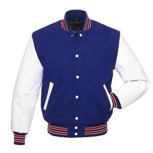 Nouvelle veste bomber universitaire en laine bleu roi et cuir noir, col montant, style universitaire, design streetwear, logo frontal - pour l'hiver - Product Image 1