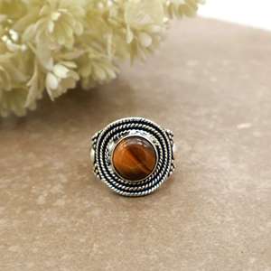 Brass Natural Tiger Eye 925 Sterling <b>Silver</b> Unisex Handmade Bezel <b>Set</b> Boho Statement <b>Ring</b> Vintage Tribal Band - Product Image 1