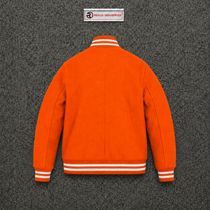 Chaqueta universitaria premium de lana naranja para hombre, chaqueta de béisbol personalizada con letras, con cuello, puños y dobladillo acanalados con rayas blancas. - Product Image 6