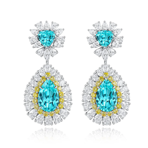 Pendientes de lujo con diamantes azules talla pera y diamantes blancos y amarillos para boda - Product Image 3