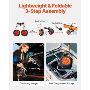 Carrello Pieghevole per Kayak con Capacità di Carico di 90 kg, Pneumatici in Gomma Piena da 10 Pollici, 1 Cinghia a Cricchetto per Paddle Board, Carrello Manuale - Product Image 3