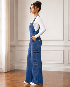 <b>Women's</b> Gray Denim Overalls Mid Waist Wide Leg Regular Fit Breathable Stonewashed with Pockets Zippers Formal Summer Style OEM - Product Image 6