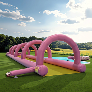 Toboggan aquatique gonflable rose avec auvent - Toboggan aquatique extra-long multi-voies avec protection solaire pour les fêtes dans la cour et les événements pour enfants - Product Image 1