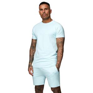 Conjunto de Camiseta y Pantalones Cortos Azul Cielo para Hombre, Corte Ajustado, Verano, Casual, Ligero, Transpirable, Algodón, Poliéster, Elástico - Product Image 1