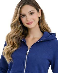 Sweat-shirt à capuche zippé court personnalisé bleu marine pour femme, à manches longues, en molleton décontracté, style streetwear et activewear - Product Image 3