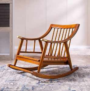 Fauteuil à bascule en bois massif de style moderne, avec dossier incurvé enveloppant et coussin de siège en cuir foncé, disponible en gros - Product Image 4