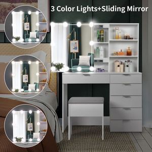 White Dressing Table Set with 6 Pumps 2 Shelves Mirror Cabinet Triamine Veneer 3 Tone Light Bulbs Makeup Vanities Model 19426681 - Product Image 2