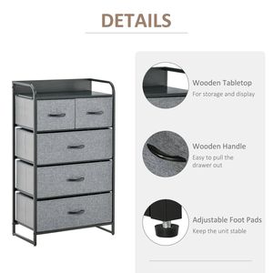 Comò grigio a 5 cassetti con struttura in acciaio in legno e Organizer a 4 livelli per uso camera da letto o corridoio - Product Image 6
