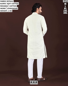 Ensemble Kurta Payama en coton pour homme avec broderie Chikankari, bleu clair et blanc, coupe classique, vêtements décontractés traditionnels indiens, tailles M L XL 2XL 3XL - Product Image 3