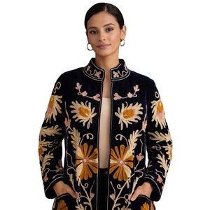 Sujani Embroidery Floral Long Stand Collar <b>Velvet</b> <b>Jacket</b> for Winter/Spring/Summer/Autumn - Product Image 2