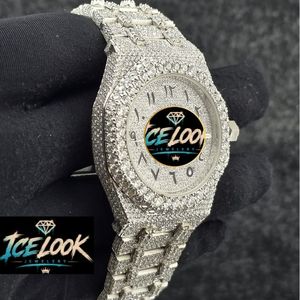 นาฬิกาข้อมือผู้ชาย Ice Look หรูหรา สายสแตนเลส หน้าปัดกลม 40 มม. ระบบควอตซ์ แสดงวันที่ ตัวล็อคแบบพับ สไตล์เพชร - Product Image 2