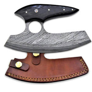 Custom Handmade Damascus Steel Pizza Cutter Outdoor Knife Premium Wooden Handle Kitchen Axe with Genuine Leather Sheath - Product Image 1