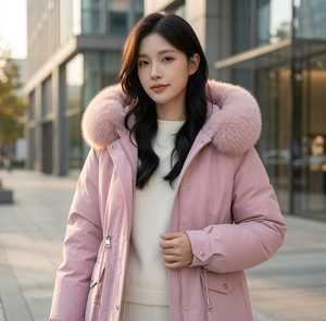 Women's Pink <b>Quilted</b> Jacket With Fur Hood Full Sleeve Zipper Closure Windproof Winter Coat Thick Polyester Wadding - Product Image 6