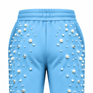 Sky Blue Pearl Beaded Jogger Pants Women Luxury Embellished Drawstring Sweatpants Casual Streetwear Fleece <b>Trousers</b> <b>With</b> <b>Pockets</b> - Product Image 4