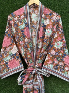 Floral Hand Block Cotton <b>Kimono</b> Women V-Neck Long Robe <b>Beach</b> Cover Resort Wear Lightweight Summer Spring High Quality Lounge - Product Image 1
