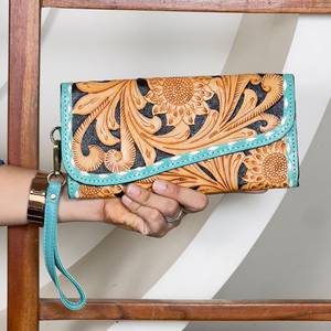 Sunflower Tooled <b>Leather</b> Floral Pattern Women Clutches High Quality Stylish Cash & Card Holder Long Wallet Evening <b>Purse</b> - Product Image 4