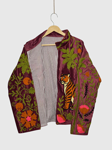 Chaqueta Safari de Terciopelo Bordada con Cuello Mao, Manga Larga, Estampado Animal, Talla Grande, Estilo Otoñal para Mujer - Product Image 5