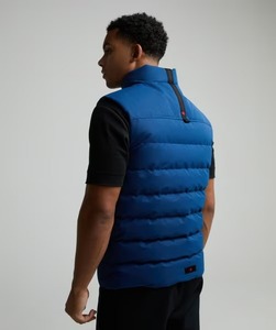 Chaleco acolchado azul para hombre, cuello alto, cremallera frontal, insignia, cortavientos, chaqueta casual de invierno, acolchado de poliéster, corte regular grueso - Product Image 2