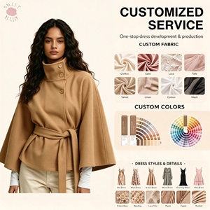 Abrigo corto estilo capa con cuello alto, cinturón en la cintura, botones asimétricos, elegante para mujer, ideal para otoño e invierno, look diario. - Product Image 1