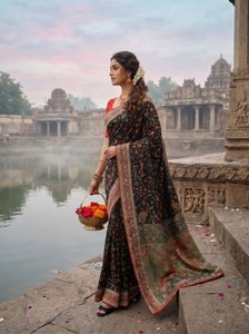 Sari en soie pashmina Rajwada de luxe, teint à la main, collection Royal Grace, motif floral Majesté, Meenakari, collection Héritage, pour mariage et fête, pour femme - Product Image 2