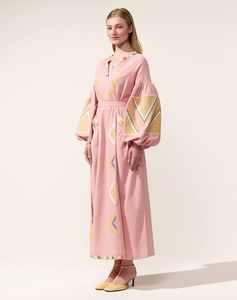 Robe longue rose en coton pour femme, broderie géométrique, manches ballon, col en V, taille à nouer, style bohème - Product Image 4