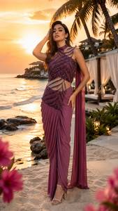 Elegant Magenta <b>Saree</b> With Beaded Blouse For Wedding Women India Pakistan Style Floor Length Polyester Sari - Product Image 4