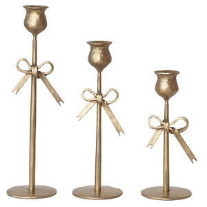 Set of 3 Piece Metal Hand-Forged <b>Bow</b> Shaped Metal Taper Candle <b>Holders</b> Antique Gold Finish Christmas Decorative Candlestick - Product Image 1