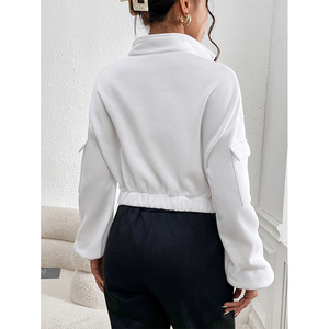Sweat-shirt court blanc à demi-zip avec logo imprimé, poche avant, manches classiques, coupe ample, style décontracté, idéal pour l'automne - Product Image 2