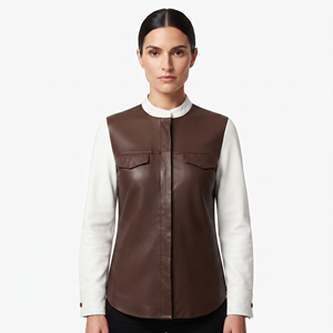 Girls Leather Stand Collar Button <b>Shirt</b> Women's PU Cowhide Front Pockets <b>Shirts</b> Ladies Long Sleeve Leather <b>Shirts</b> - Product Image 1
