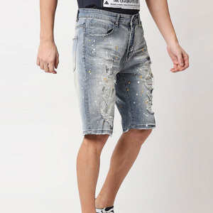 Trendy Fashionable Hip Hop Skinny <b>Jeans</b> Shorts for <b>Men</b> Mid <b>Waist</b> <b>Elastic</b> Closure Solid Front Logo Breathable Denim Shorts - Product Image 2