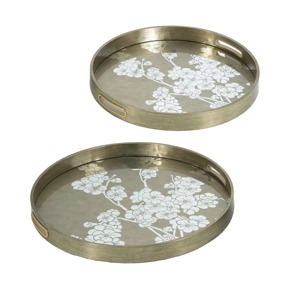Round Metal Storage <b>Tray</b> With Floral Engraving Design Oriental Style For Table Use 2-Pack - Product Image 6